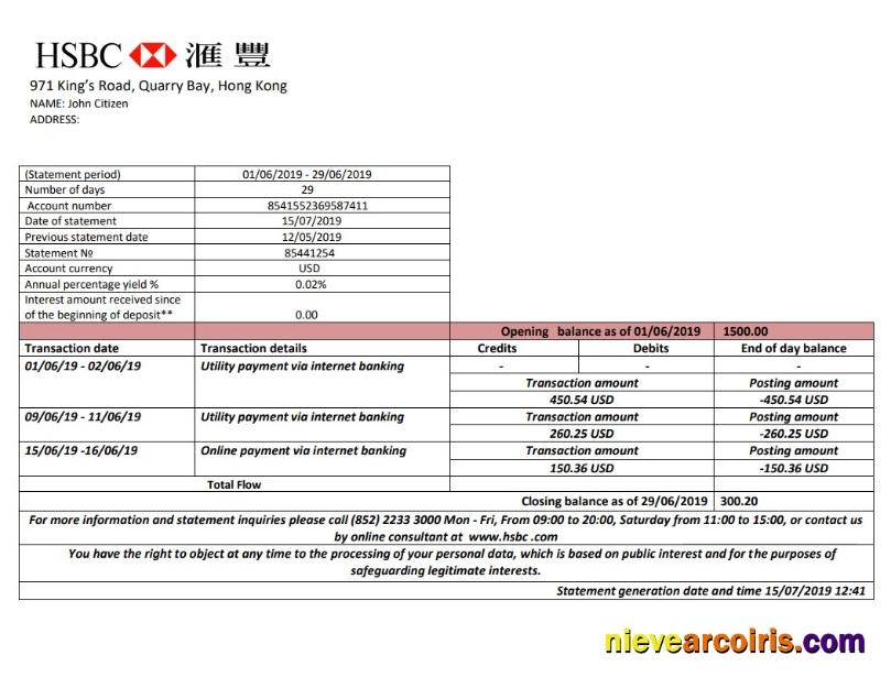 Hong Kong HSBC bank statement easy to fill in Word and PDF format